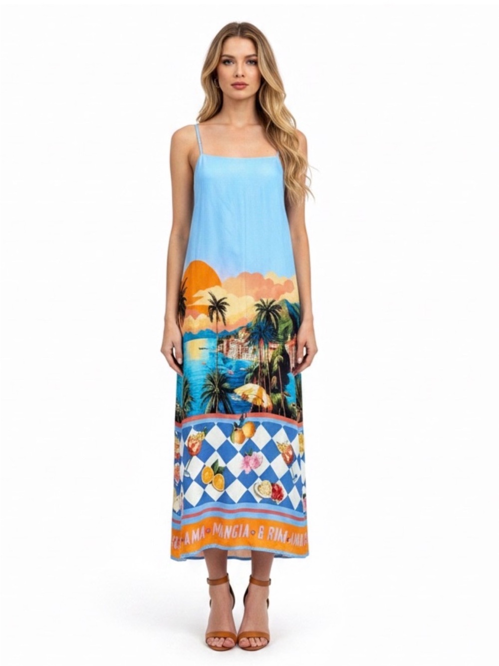 Anthropologie Paper Heart Italian Landscape Sunset  XL Blue Costal maxi dress